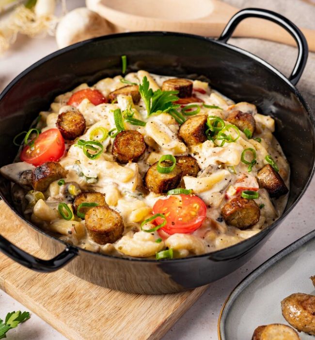 vegini Rezept vegane Spätzle mit Bratwurst