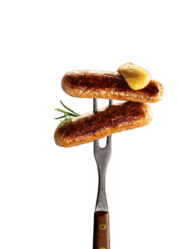 vegini Headerbild mit veganen Bratwürstl auf der Gabel